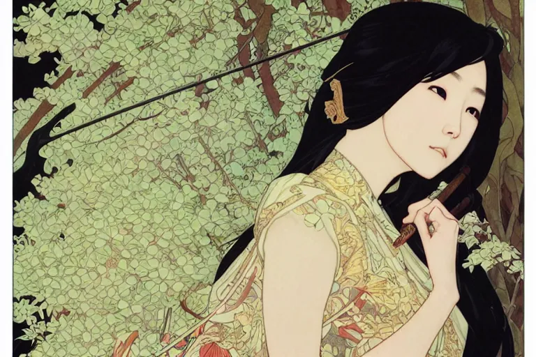 Prompt: beautiful cinematic fantasy poster, asian woman side view using a bokken in forest ; intricate complexity, by shigenori soejima, krenz cushart, alphonse mucha, takato yamamoto, conrad roset, 4 k, beautiful, high quality - h 9 6 0