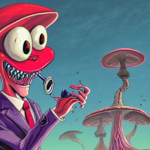 Prompt: A close up portrait of a horrifying psychedelic godlike anthropomorphic frog smoking an anime blunt , magic mushroom village in background . award winning. superb resolution. in the art style of junji Ito and greg rutkowski . Detailed Mushroom city in background. Hyper realistic anime. Perfect art. Dalle2