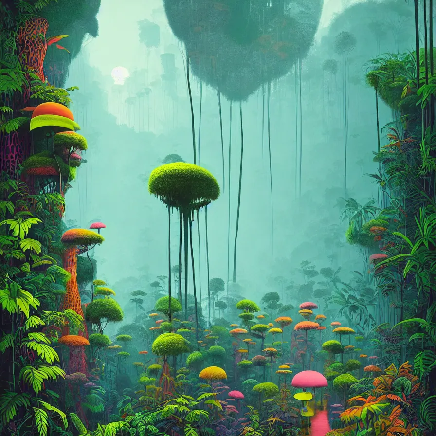 Prompt: surreal glimpse, malaysia jungle, summer morning, very coherent and colorful high contrast art by gediminas pranckevicius james gilleard james gurney floralpunk screen printing woodblock, dark shadows, pastel color, hard lighting, stippled light, art nouveau, film noir