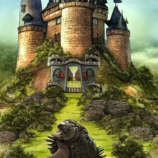 Image similar to large castle on top of a giant tortoise similar to howls moving castle, kaiju, mortal engine, fantasy, hyper detailed, realistic