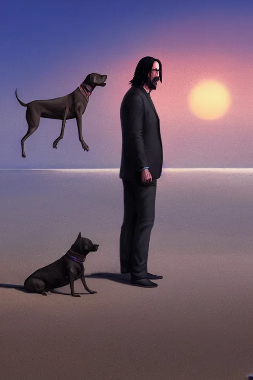 Prompt: keanu reeves as john wick sits in the sand at a beach with his grey pitbull and look into the sunset, feeling of sadness, detailed digital matte painting in the style of simon stalenhag and bev dolittle zdzisław beksinski, greg hildebrandt artstation, psychedelic