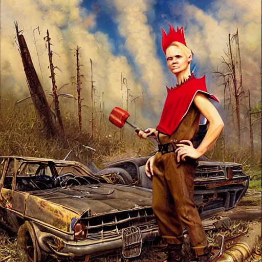 Prompt: an elf with spiky blonde hair wearing dark brown overalls and holding dynamite standing next to a destroyed car, painting by Gerald Brom