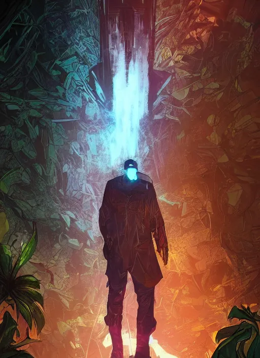 Prompt: comic book art of a [ man ] in trenchcoat with ( glowing ) [ gloves ] and [ boots ] in a [ jungle ] looking up at a [ tower ] extending into the sky made of crystalized glowing rock,, low angle, artstation illustration, elegant, cyberpunk, volumetric fog, arcane by tim doyle