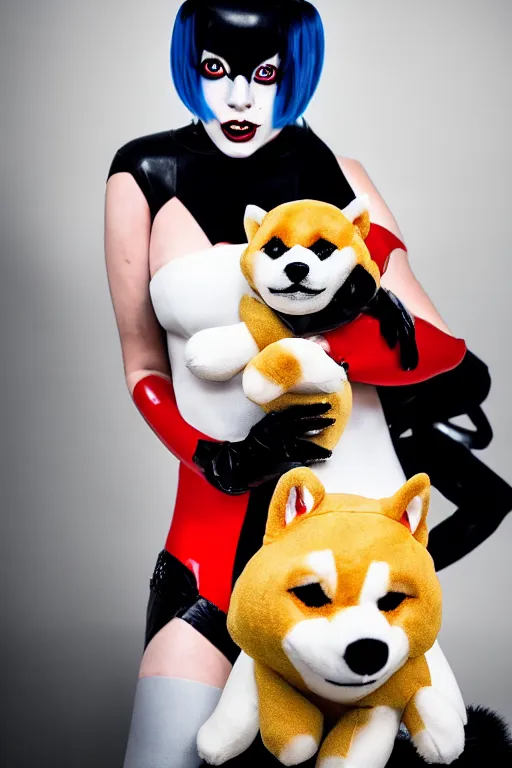 Image similar to lady gaga dressed as harley quinn attacked by plush shiba inu, plush toy, luxury materials, symmetrical, cinematic, elegant, professional studio light, real dlsr photography, sharp focus, 4 k, ultra hd, sense of awe, high fashion