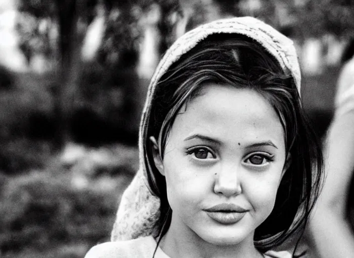 Image similar to professional fine detailed photo portrait of young angelina jolie from makhachkala, dagestan. kid angelina jolie in the postsoviet suburbia, iphone photo, instagram, black and white - - cfg _ scale 7