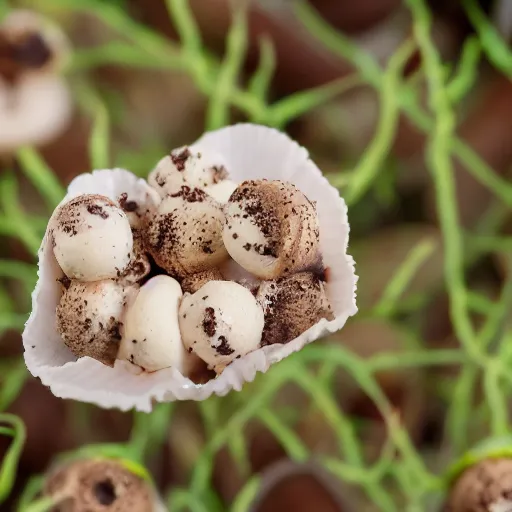 Image similar to a photograph of a clump of vanilla-chocolate swirl ice cream cones with sprinkles growing in the deep lush forest like mushrooms. Shallow depth-of-field