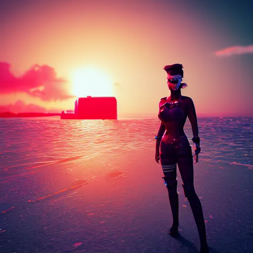 Prompt: cyberpunk beach sunset, retro, macro, vibrant, 30mm photography, gta artstyle, wide shot, dramatic lighting, octane render, hyperrealistic, high quality, highly detailed, artstation, HD, beautiful, cinematic, 8k, unreal engine, facial accuracy, symmetrical