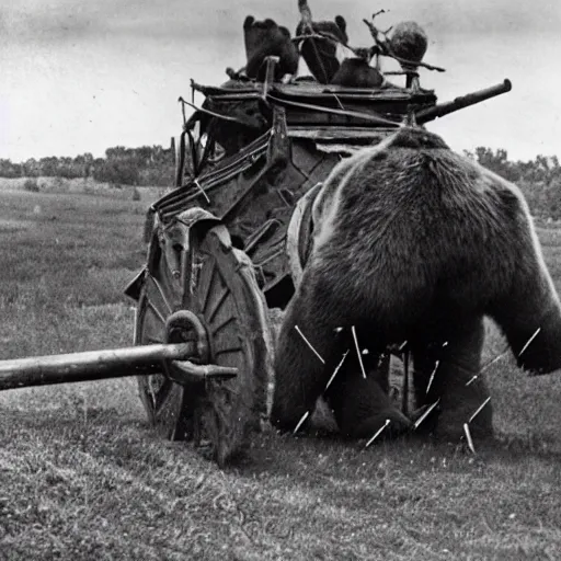 Prompt: a picture of a enormous bear pulling a towed cannon behind his back like a chariot, eastern front, historical picture