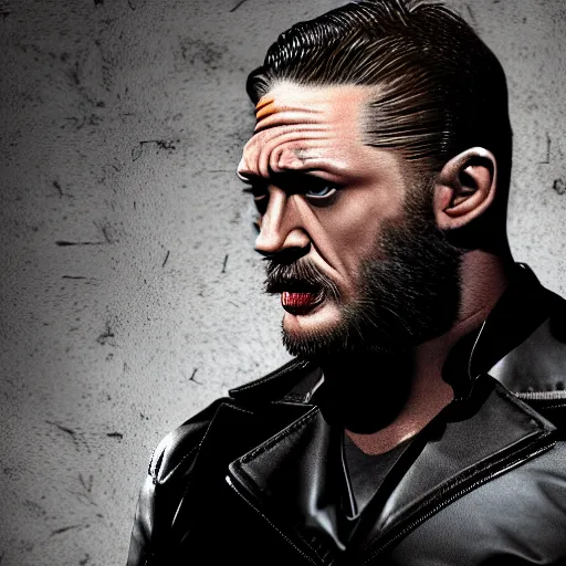 Image similar to Tom Hardy as wolverine in Black Damaged leather suit Digital art 4K quality