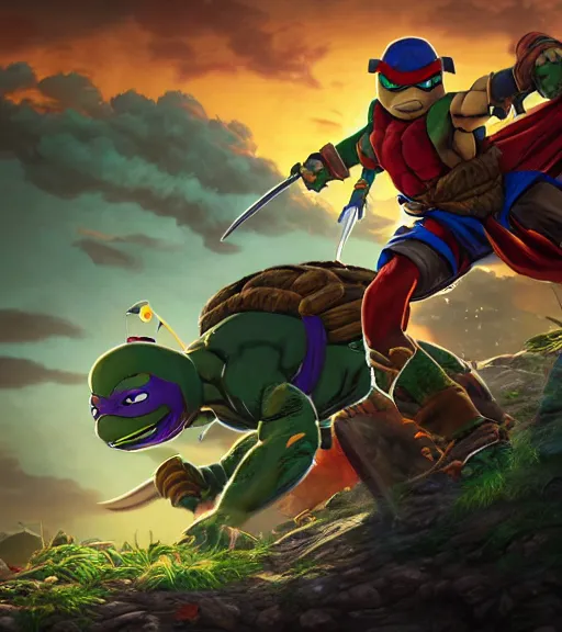 Prompt: an epic fantasy comic book style portrait painting of a teenage mutant ninja turtle fighting son goku, studio ghibli, unreal 5, daz, hyperrealistic, octane render, cosplay, rpg portrait, dynamic lighting, intricate detail, harvest fall vibrancy, cinematic