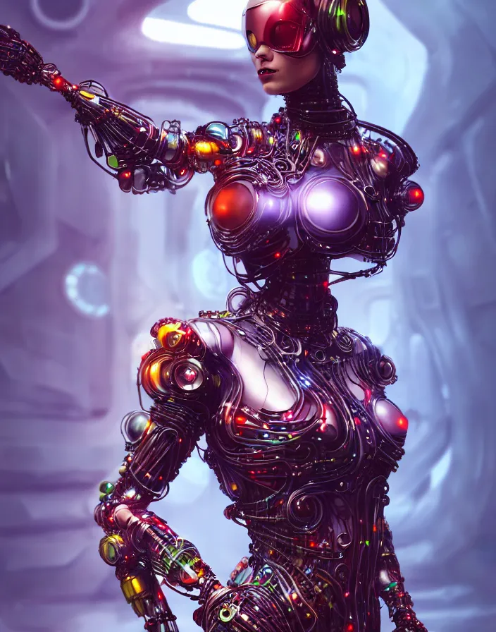 Image similar to full lenght shot, super hero pose, woman in biomechanical dress, inflateble shapes, wearing epic bionic cyborg implants of different colors, masterpiece, intricate, biopunk futuristic wardrobe, highly detailed, artstation, concept art, background galaxy, cyberpunk, octane render