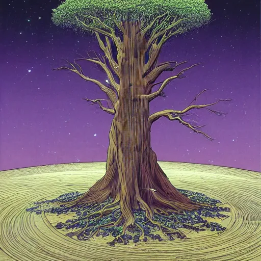 Image similar to a large tree rooted from a crystal planet, by moebius