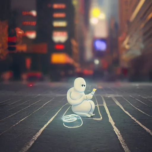 Image similar to digital portrait of Casper the ghost sitting on a NYC sidewalk, smoking a cigarette, city lights, trending on artstation, 8k, 4k, volumetric lighting, lighthearted, cinematic composition, hd, fun