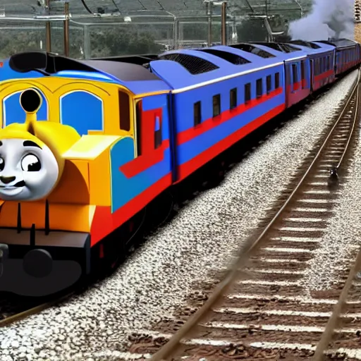 Image similar to thomas the tank engine derailed by bullet train,