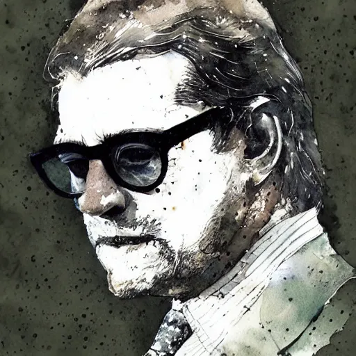 Prompt: Bill Evans with sunglasses by Jean-Baptiste Monge, post processing, painterly, book illustration watercolor granular splatter dripping paper texture. Trending on artstation, post processing, pen and ink work. sharp focus