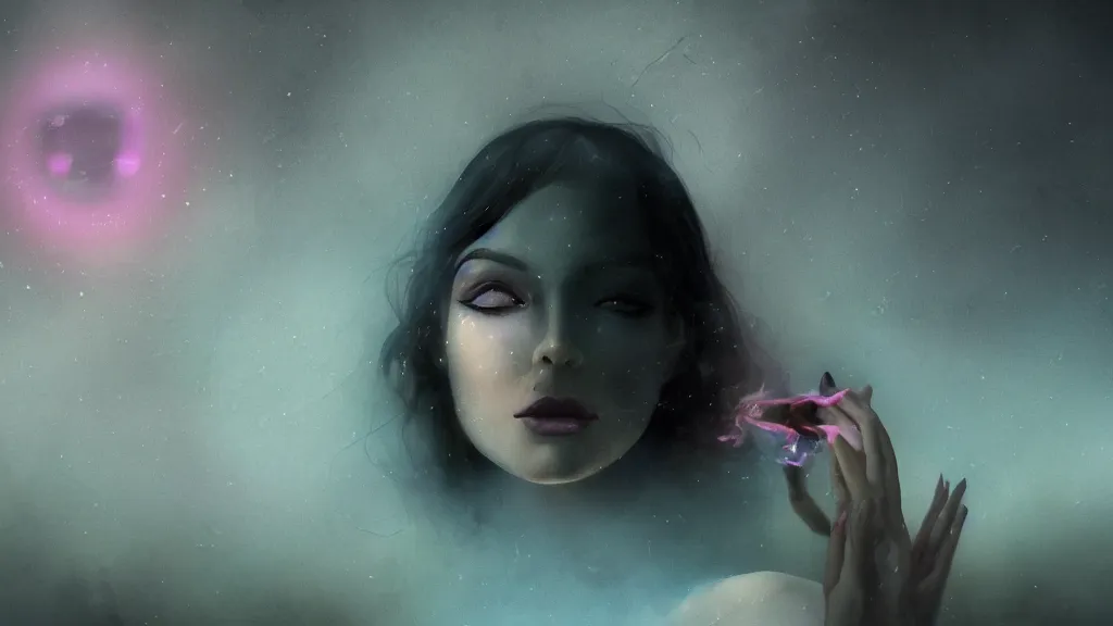 Image similar to whimsical, a single beautiful playful woman, wearing professional makeup, standing in a lake, blowing trippy smoke, under the stars, with a binary black hole with a ring in the sky, by Lois van Baarle, by Greg Rutkowski, by Ilya Kuvsninov, cinematic angle, face enhance, volumetric lighting, cinematic lighting, digital art, 4k resolution, octane render, trending on artstation, masterpiece