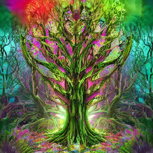 Image similar to a crazy chaotic small psychedelic surreal horror giant made of multicolored psychotropic hybrid of trees flowers, cybernetic beings and magical creatures in the chaotic spirit forest, fulcolor octane reminder, cinematic, ultra - realistic