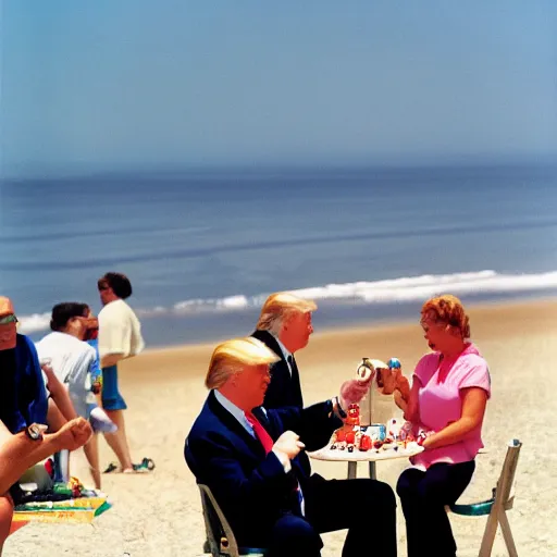 Image similar to Donald trump is having ice cream at the beach by martin parr. Color photography.