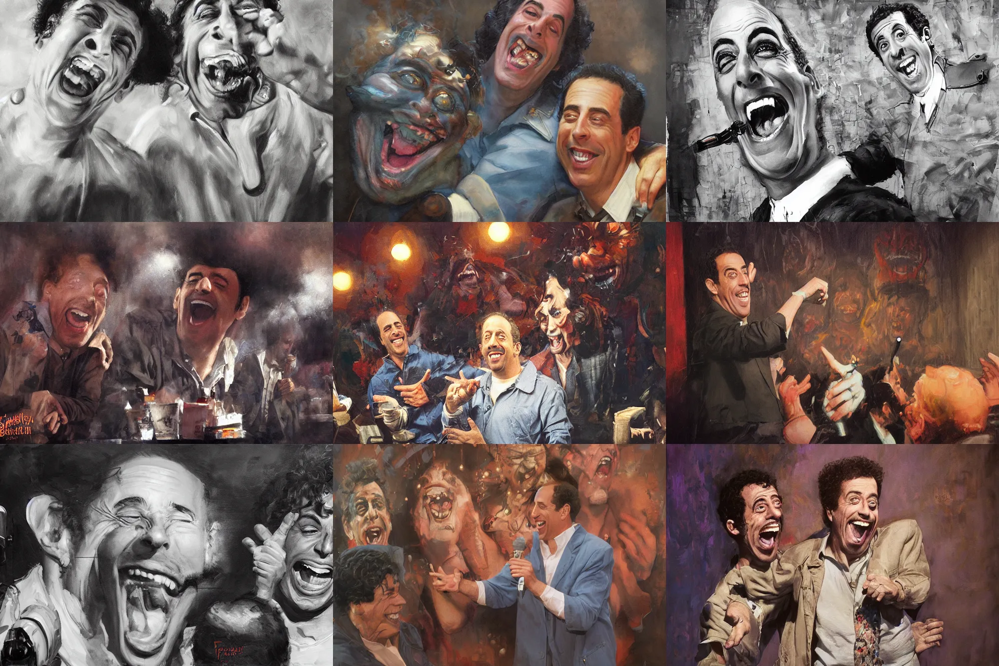 Prompt: a mixed media portrait painting of nineteen eighties jerry seinfeld laughing hysterically in a comedy club, hyperrealistic, detailed face, by frank frazetta, greg rutkowski, christian macnevin, wlop, krenz cushart, epic fantasy character art, volumetric lighting, cgsociety, exquisite detail, masterpiece, cinematic