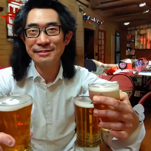 Image similar to touhou project creator and video game designer zun drinking a beer