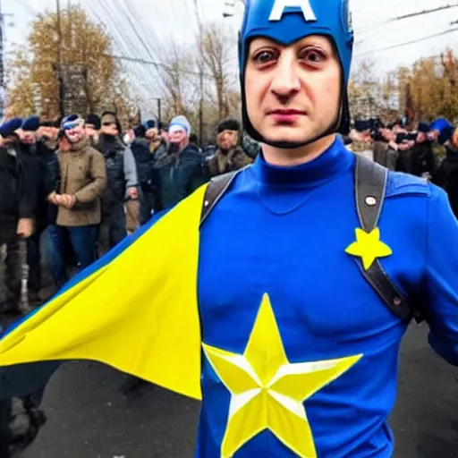 Prompt: Volodimir Zelensky as captain america holding an ukrainian flag on an urban battle field