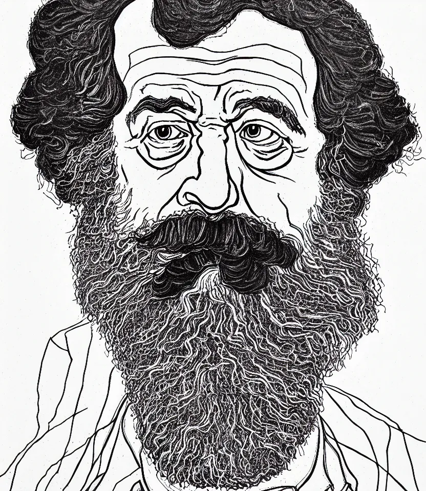 Image similar to detailed line art portrait of karl marx, inspired by egon schiele. minimalism, bold contour lines, caricatural, musicality, soft twirls curls and curves, confident personality, raw emotion