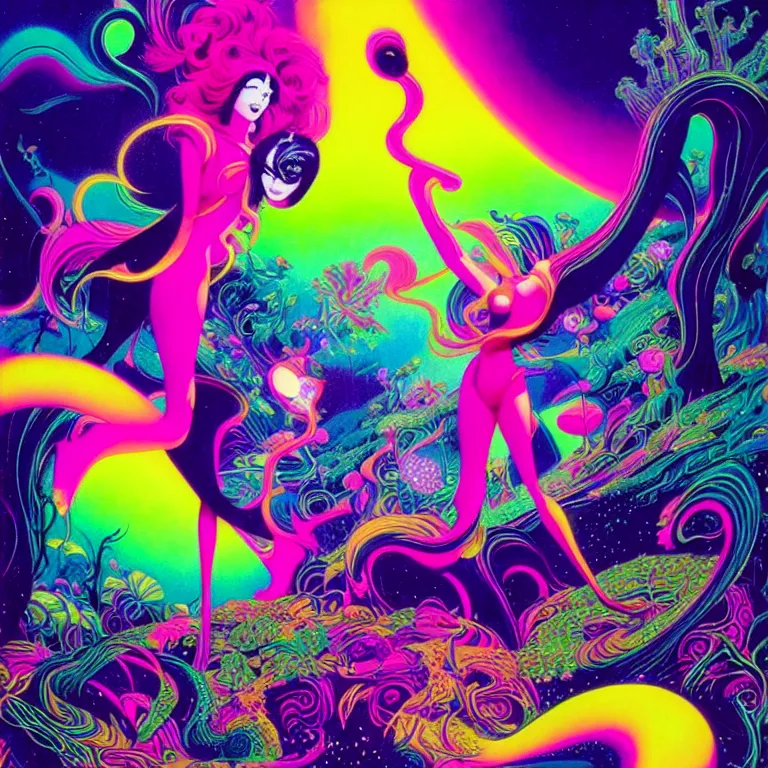 Image similar to cosmic girl, infinite fractal dimensions, bright neon colors, highly detailed, cinematic, eyvind earle, tim white, philippe druillet, roger dean, lisa frank, aubrey beardsley