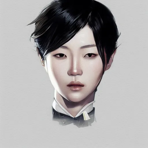 Image similar to portrait of a beautiful korean girl wearing a men's tuxedo, with short messy hair, men's haircut, angular features, angry expression, dramatic lighting, illustration by Greg rutkowski, yoji shinkawa, 4k, digital art, concept art, trending on artstation