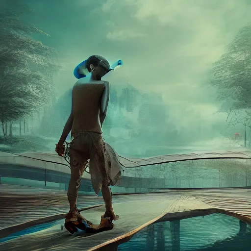 Image similar to beautiful symmetrical boy on a skateboard ramps over the pond surrounded by machine axonometric fantasy intricate elegant highly detailed in volumetric turquoise steampunk, high contrast cinematic light, mystical shadows, octane render, photographic, concept art, art high renaissance art, unreal engine 8 k