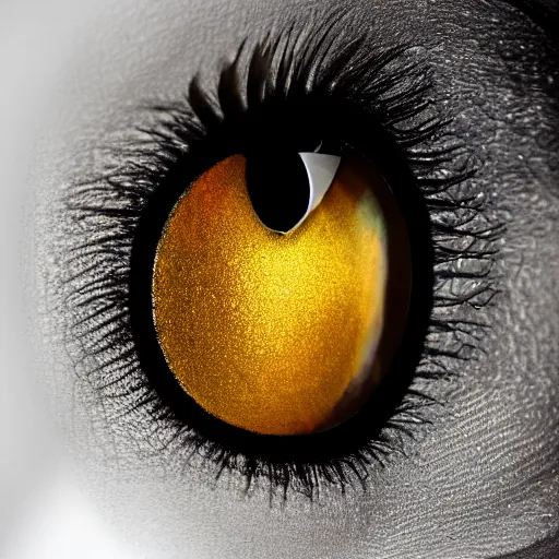 Image similar to close view of an eye of a woman with complex makeup reflecting the skeleton of an dead crow, gems, gold, bright colors ultrawide lens, details, studio lighting, realism, complex lights