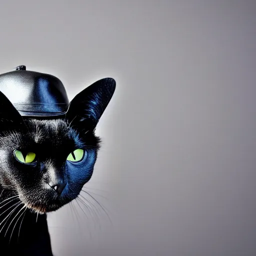 Image similar to a cat wearing a black leather hat, frontal view, cool looking