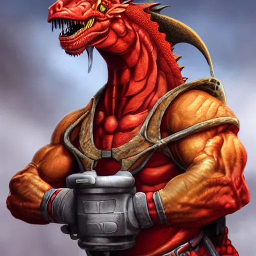 Prompt: a photorealistic muscular dragon firefighter,