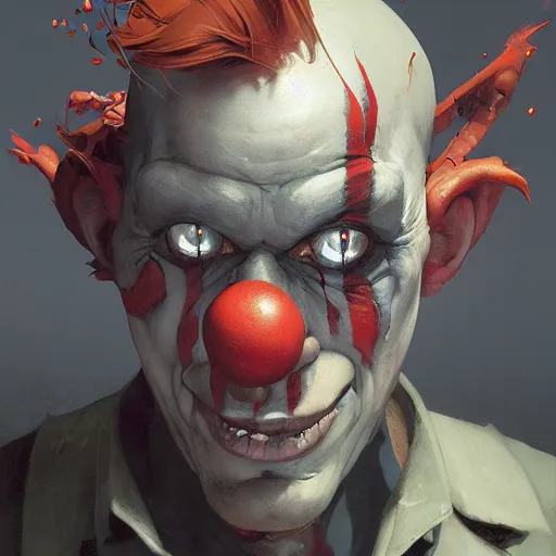 Image similar to 4k headshot portrait of Spawn clown from Macfarlane comics by Craig Mullins, ilya kuvshinov, krenz cushart, epic , artgerm trending on artstation by Edward Hopper and Dan Mumford and WLOP and Rutkovsky, beksinski carl spitzweg moebius and tuomas kocar, intricate artwork by caravaggio, Unreal Engine 5, Lumen, Nanite , 4K headshot of godlike clown with defined arms and open hands and bloody clothes with giant mandala wings , intricate face , flawless anime cel animation by Kentaro Miura, psychedelic , highly detailed upper body , professionally post-processed , beautiful, scary, symmetry accurate features, epic, octane rendered, anime masterpiece, accurate