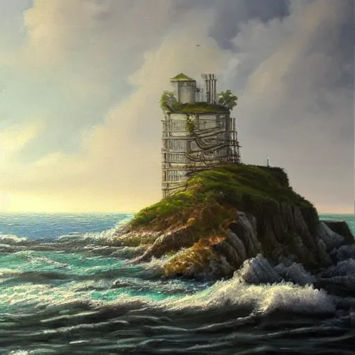 Prompt: highly detailed oil painting art of an ethereal tower rising from the ocean