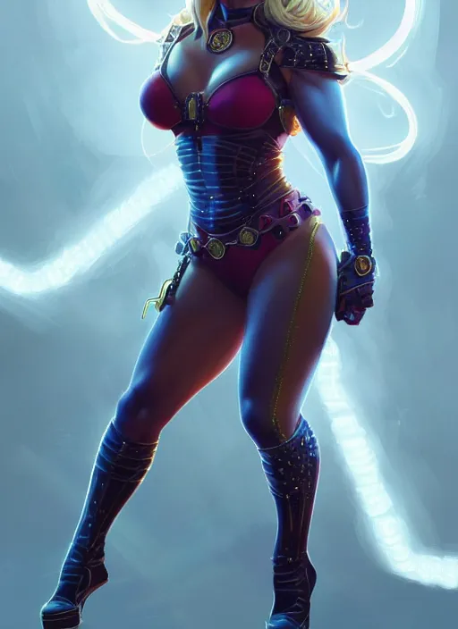 Image similar to britney spears as hellcat, intricate, elegant, glowing lights, highly detailed, marvel, digital painting, artstation, glamor pose, concept art, smooth, sharp focus, illustration, art by artgerm and greg rutkowski, artey freytag