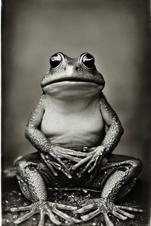 Image similar to a wet plate photo of an anthropomorphic frog king