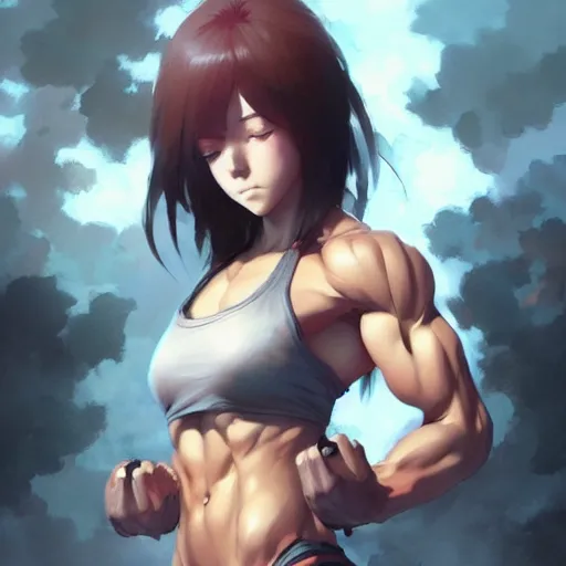 Prompt: anime girl with muscles, highly detailed, muscular, very beautiful face, digital art, pixiv fanbox, artstation, by greg rutkowski, wlop, miyazaki hayao