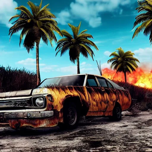 Prompt: unreal engine fallout far cry style natural disasters wide shot car broken post apocalyptic adrenaline anger oil black tar landscape wasteland miami desert fire craters miami beach sunset fucked up palm trees landscape on fire 80s retrowave