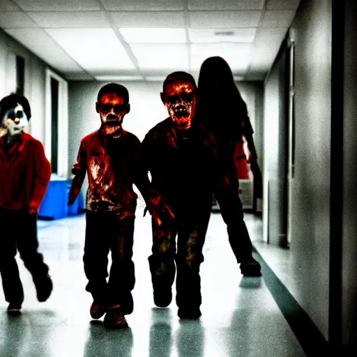 Image similar to film still from a horror movie, where zombie kids hunt their teacher in a school floor, cinematic, taken on a nikon, sharp focus, 4 k