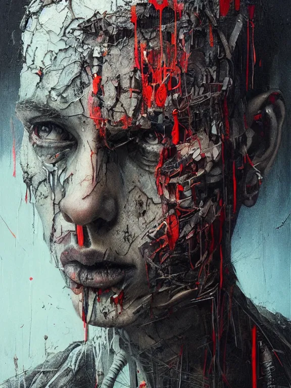 Image similar to art portrait of a man in shadow, decaying ,8k,by tristan eaton,Stanley Artgermm,Tom Bagshaw,Greg Rutkowski,Carne Griffiths, Ayami Kojima, Beksinski, Giger,trending on DeviantArt,face enhance,hyper detailed,minimalist,cybernetic, android, blade runner,full of colour,