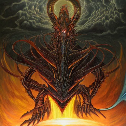 Image similar to an epic demonic alien dragon demigod descending from the heavens and cosmos to consume the earth, by dan seagrave art