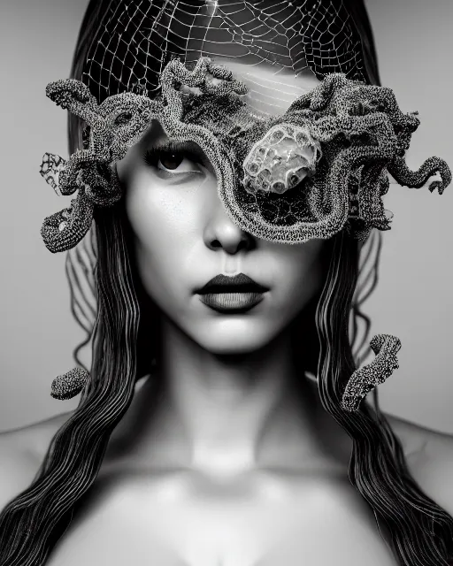 Image similar to surreal mythical dreamy dark artistic black and white fine art photo of a beautiful young female medusa - cyborg covered with lace fish scales and translucent algae, highly detailed, intricate crystal ivy jelly fish scales ornate, lace web, poetic, octane render, 8 k, photo - realistic