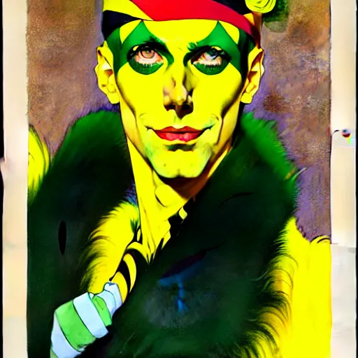 Image similar to art by joshua middleton, the yellow creeper, a tall manically smiling yellow - skinned man with green and black striped cycling shorts and wearing a long red feather boa, yellow makeup, mucha, kandinsky, poster, comic art, stylised design