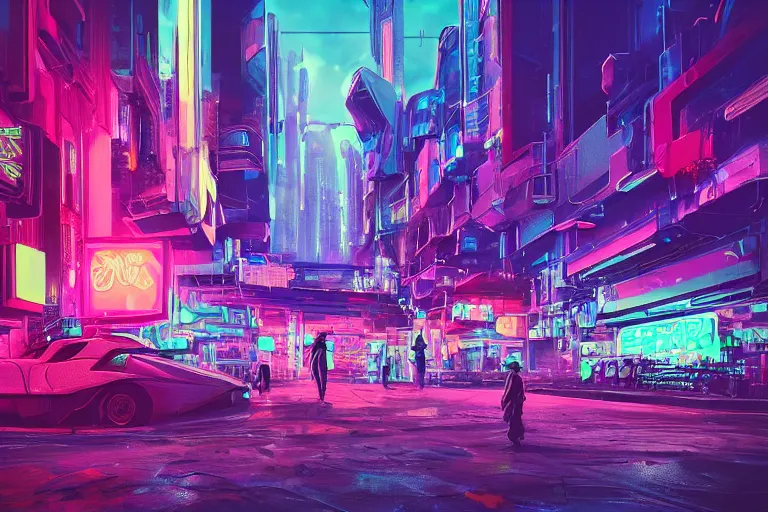 Image similar to a dreamlike cyberpunk city sit in the very far future, neon signs, shops and bars, floating buildings, glowing neons, synthwave, slightly abstract, rich deep colors, 4 k, realistic photography, flying cars in the distance, robot humanoids, anthropomorphic vehicles, fantasy setting, brilliant dreamy lighting, 8 0 s vibe, morning, blue sun