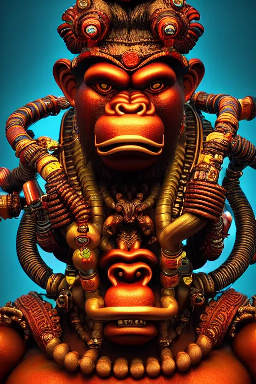 Image similar to high quality 3 d render post - rococo cyberpunk hanuman! head building, neon madhubani, open mouth, highly detailed, in sci - fi mumbai, cinematic smooth unreal engine, lee madgwick & liam wong, dramatic light, low angle, uhd 8 k, sharp focus