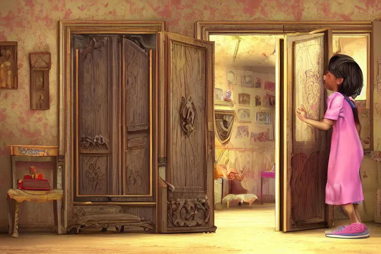 Prompt: children stumble upon a door into a secret world behind that most prosaic of furniture items, a wardrobe. photo - realistic hd, hyperrealism, colourful, highly detailed, cinematic, luminescence, 3 2 k, dop, high contrast, intricate, mystery, epic, fantasy