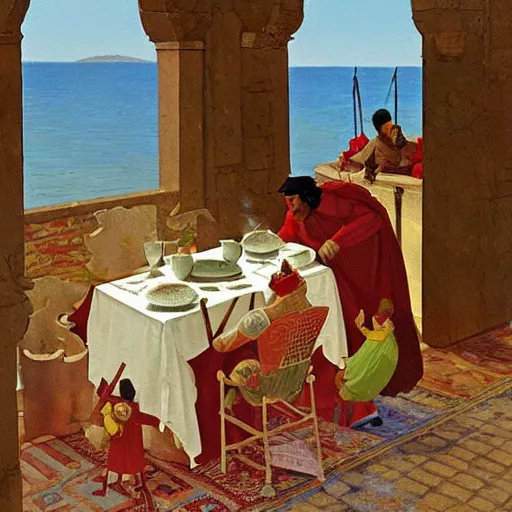 Image similar to ' a medieval turkish nobleman takes breakfast at his coastal manor with his family '. painting by angus mcbride, art with high fidelity realistic textures and figures.