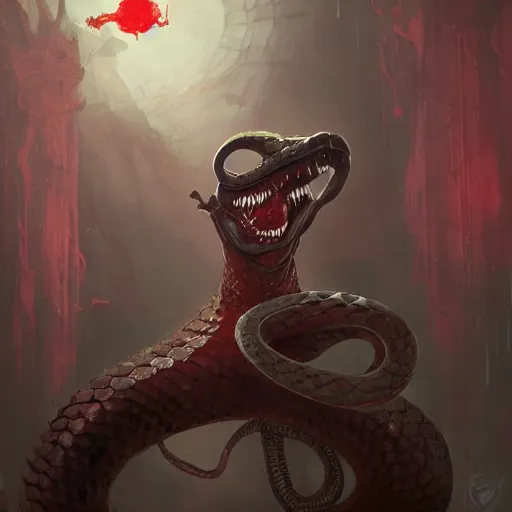 Prompt: a snake priestress with bloody eyes, by greg rutkowski, designed for magic the gathering