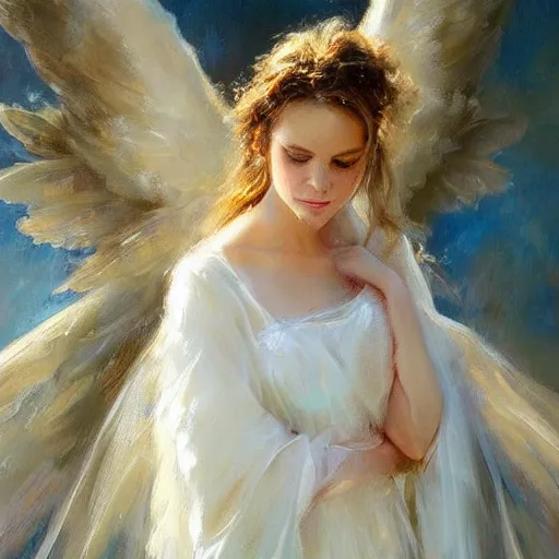 Prompt: a beautiful portrait of an angel with beautiful face and her huge white wings spread out painted by gerhartz, highly detailed, beautiful, back lit, graceful and elegant, ethereal