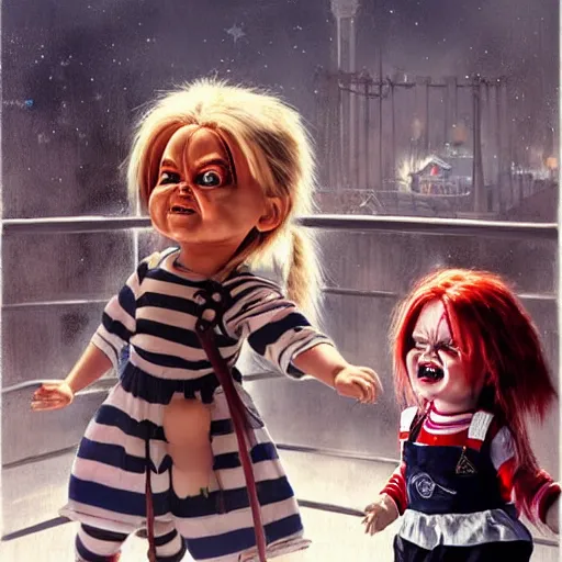 Image similar to the doll chucky cage fighting the doll annabelle in an epic mma fight, disneyland as backdrop, oil painting, by greg rutkowski